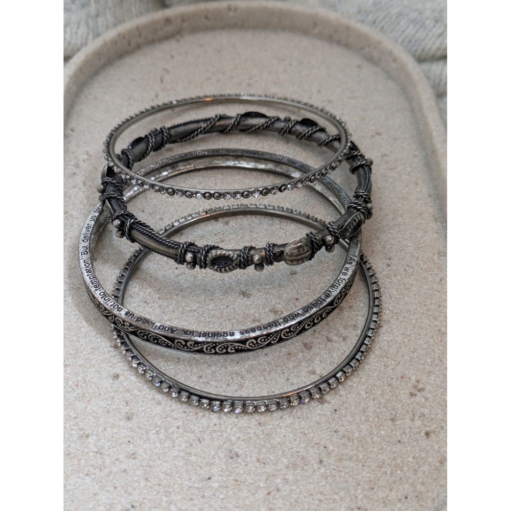 Dark Romantic Bangle Bracelet Set of 4 Black Gray Rhinestones Stackable Layering